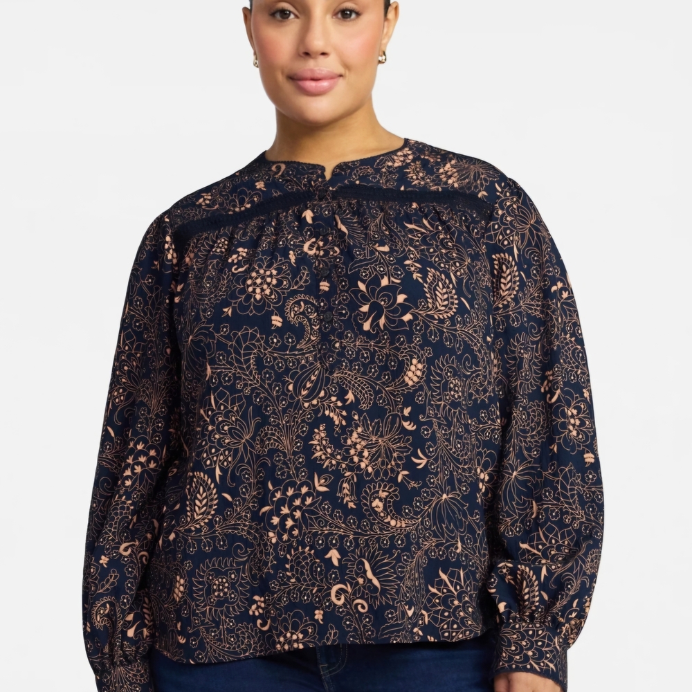 Time and Tru Lace Yoke Blouse Navy Floral Long Sleeve XXXL(22) NWT, Boho, Casual